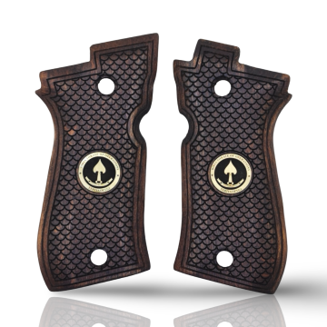 Zib Grips Silah Kabzası - Beretta F81/F84, Fatih 13 ile Uyumlu - Koyu Kahverengi Renk - Metal Logolu - BRTF81CV002L1