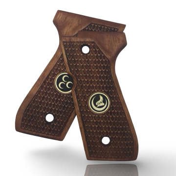 Zib Grips Silah Kabzası - Girsan Yavuz 16, Beretta F92 ile Uyumlu - Sadece vernik uygulanmış - Ceviz Ağacı - Metal Logolu - CVBRTF92SV056L1