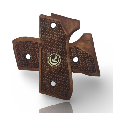Zib Grips Silah Kabzası - Girsan Yavuz 16, Beretta F92 ile Uyumlu - Sadece vernik uygulanmış - Ceviz Ağacı - Metal Logolu - CVBRTF92SV056L1