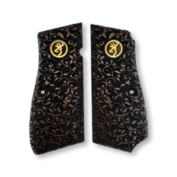 Zib Grips Silah Kabzası - Zig 14, Browning HP, High Power 14, Dik Kasa, Browning Halkalı (Halka için kesim yaptırmak için mesaj atın), Halkasız ile Uyumlu - Koyu Kahverengi Renk - Metal Logolu - BRWHPCV042L1