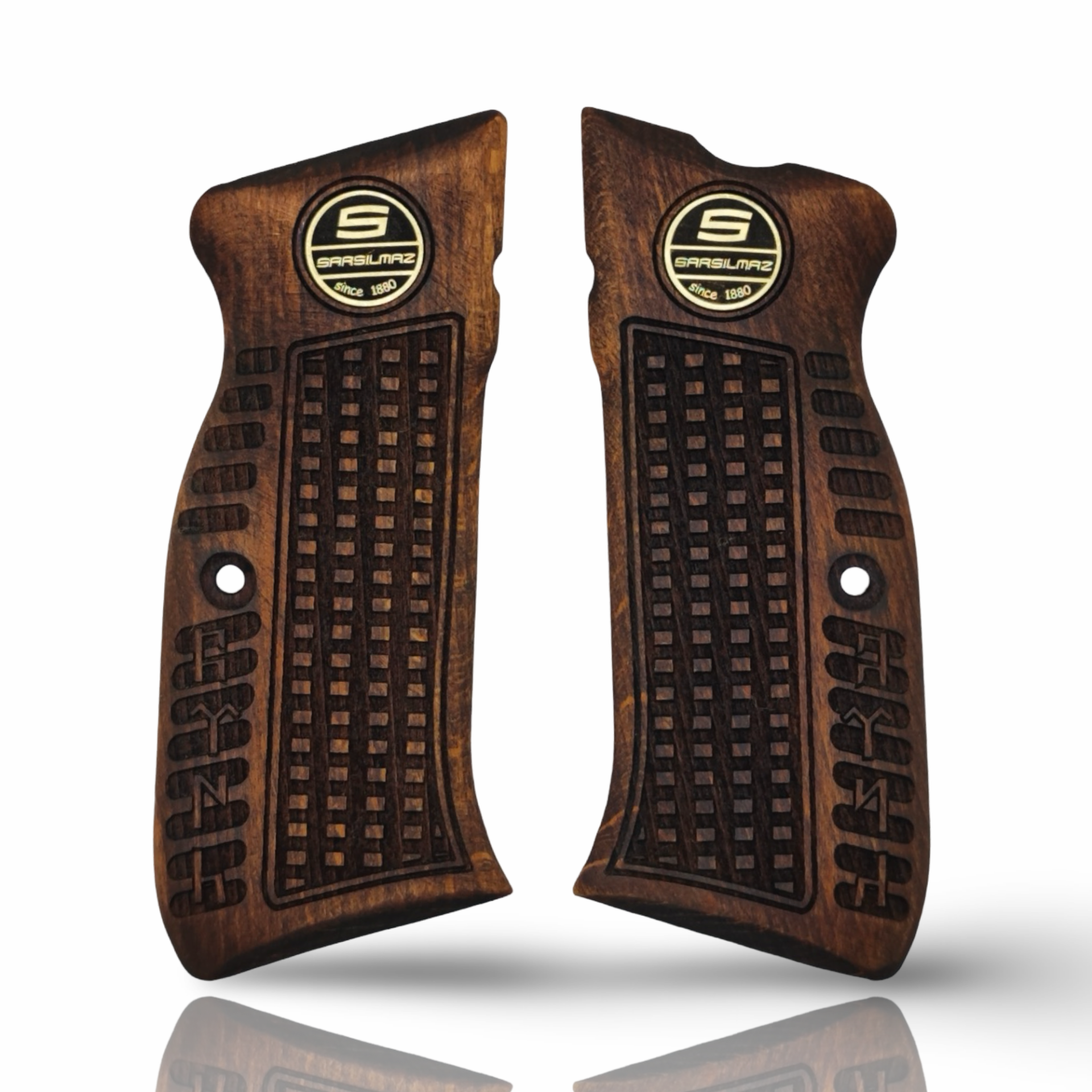 Zib Grips Silah Kabzası - Sarsılmaz Kılınç 2000 Mega, K11 ile Uyumlu - Koyu Kahverengi Renk - Metal Logolu - SRSMEGACV003L1