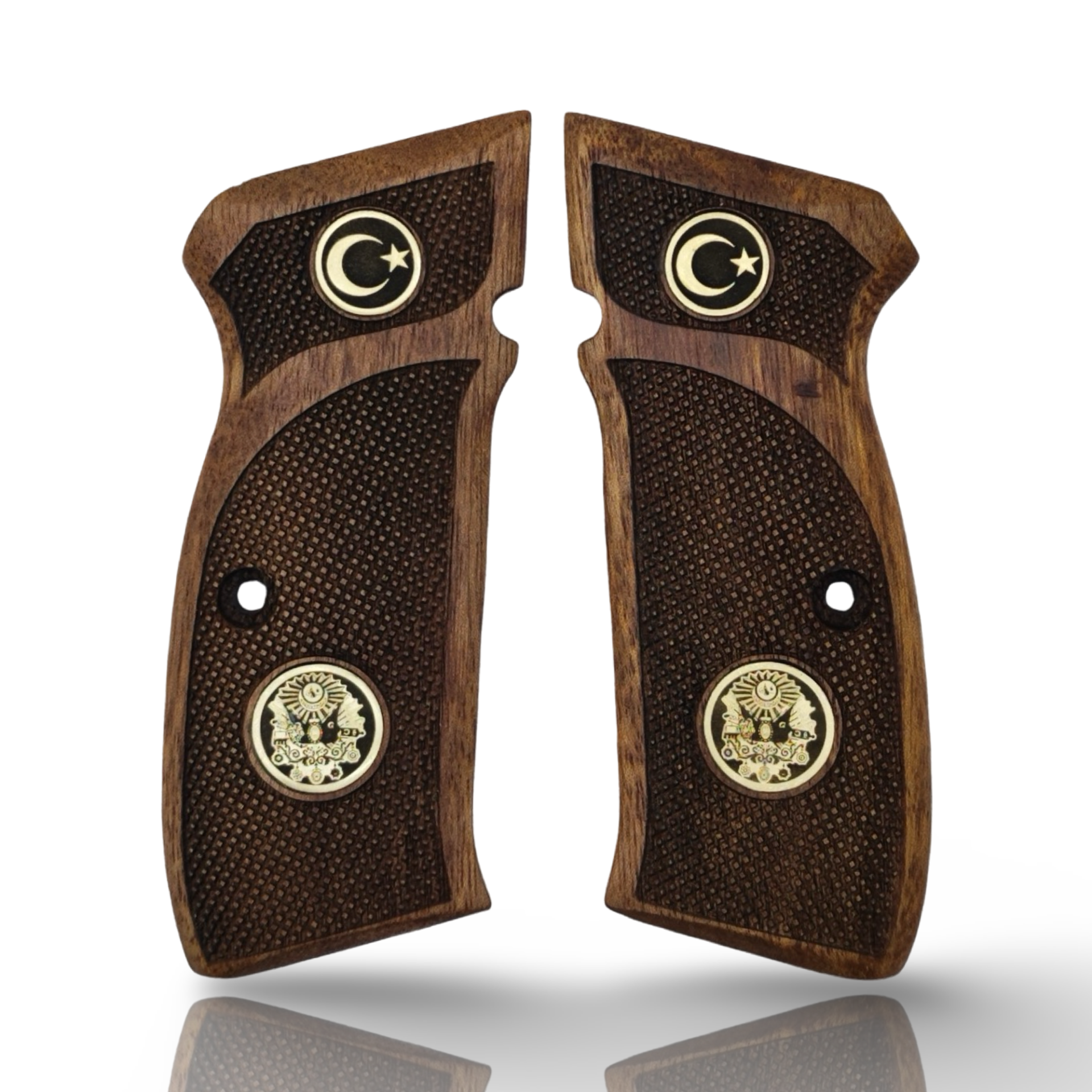 Zib Grips Silah Kabzası - CZ 75, Canik 55, S120, L120 ile Uyumlu - Sadece vernik uygulanmış - Ceviz Ağacı - Metal Logolu - CVCZ75SV078L1