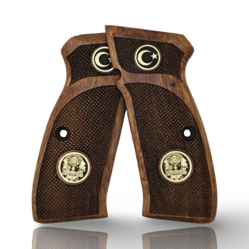 Zib Grips Silah Kabzası - CZ 75, Canik 55, S120, L120 ile Uyumlu - Sadece vernik uygulanmış - Ceviz Ağacı - Metal Logolu - CVCZ75SV078L1