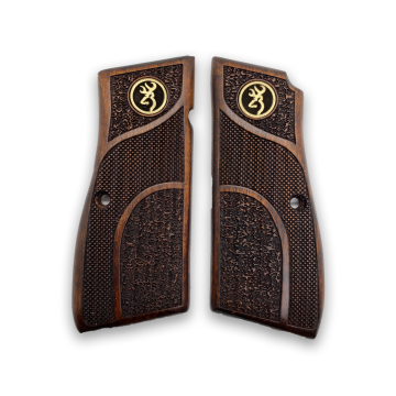 Zib Grips Silah Kabzası - Zig 14, Browning HP, High Power 14, Dik Kasa, Browning Halkalı (Halka için kesim yaptırmak için mesaj atın), Halkasız ile Uyumlu - Koyu Kahverengi Renk - Metal Logolu - BRWHPCV008L1