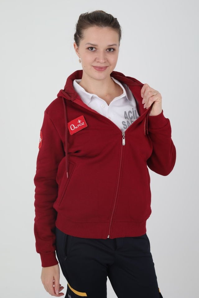 Yeni Evde Sağlık Bordo Kapşonlu Polar (Unisex)