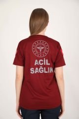 YENİ Acil Sağlık Sıfır Yaka Comfort Bordo T-shirt(Fileli-Unisex)