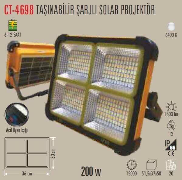 Cata 200W Solar Led Projektör Taşınabilir Ct-4698