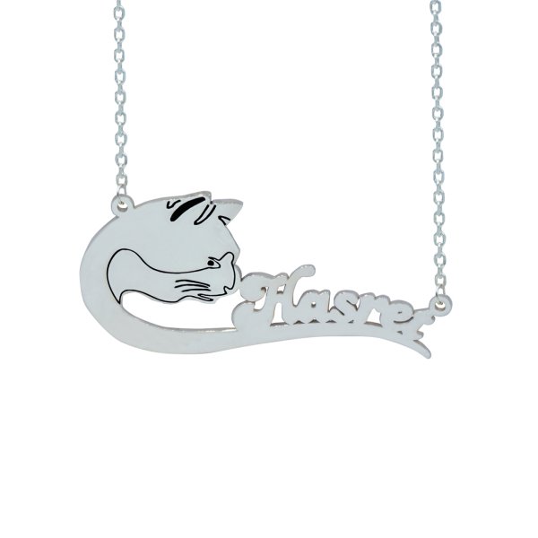 Gümüş Kedi Tasarımlı İsimli Kolye