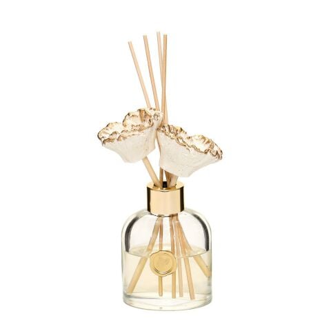 130 ml Elips Cam Şişe Gold Seramik Çiçek Taşlı Bambu Çubuklu Dark Amber Oda Kokusu