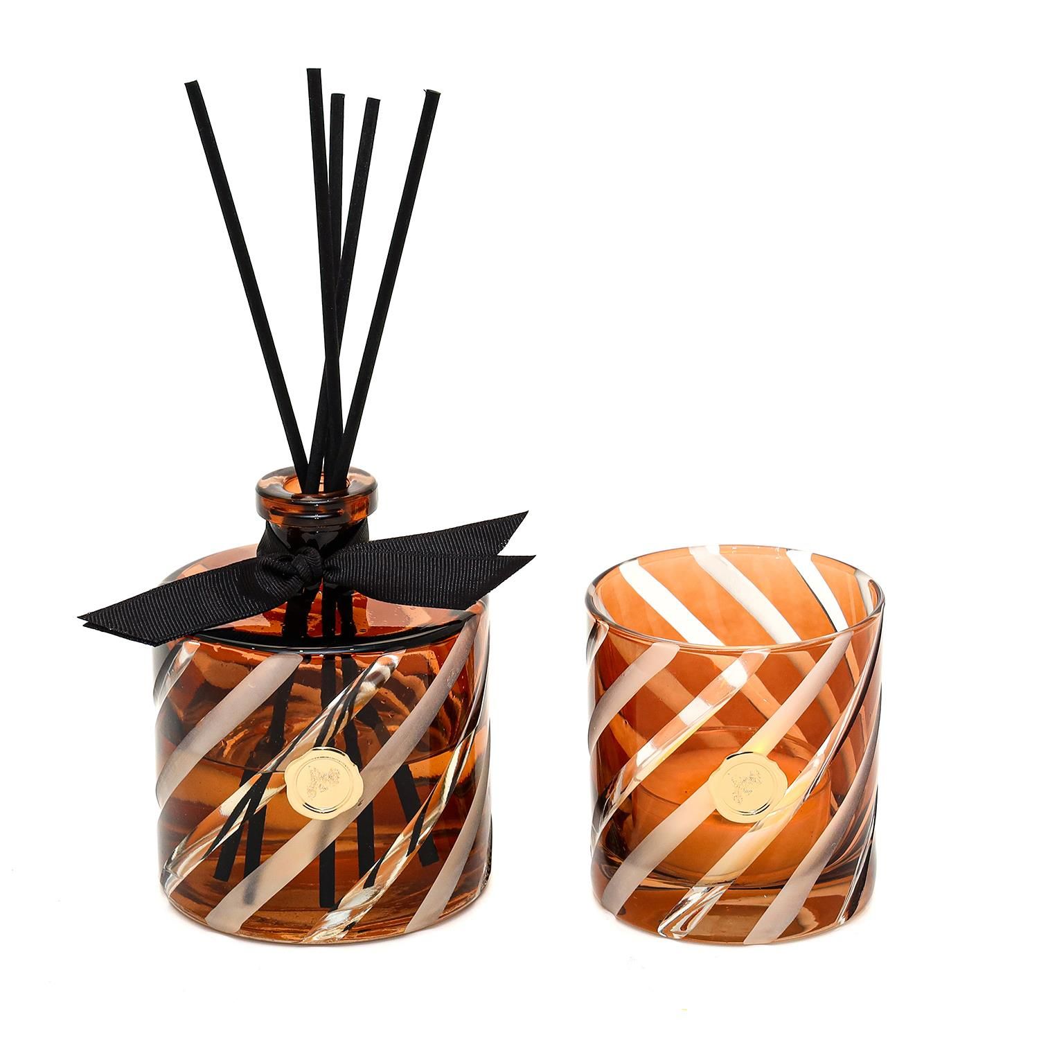 Kahverengi Spiral Kesme Cam Dark Amber Oda Kokusu ve Mumluk Seti