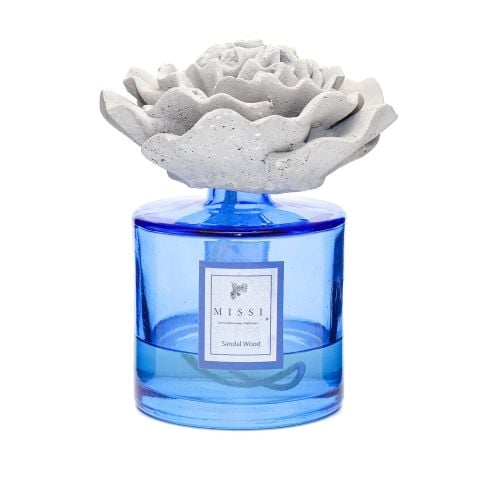 500 ml Mavi Silindir Şişe Gri Çiçek Taşlı Sandal Wood Oda Kokusu