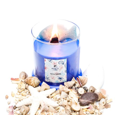 Büyük Üfleme Cam Balık Dekorlu Saks Mavisi Ocean Breeze Kokulu Vegan Mum (380 gr)