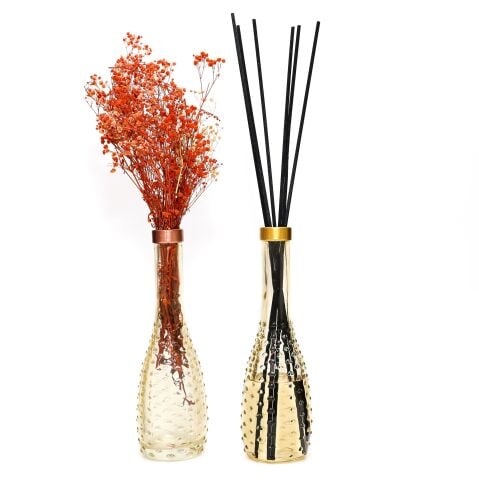Gold Boyunlu Amber Kabartmalı Ince Cam Vazo (26 CM)