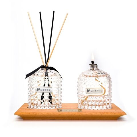 Masif Ahşap Tepsili Oval Kristal Şişe Black Orchid Oda Kokusu Ve Kandil Seti