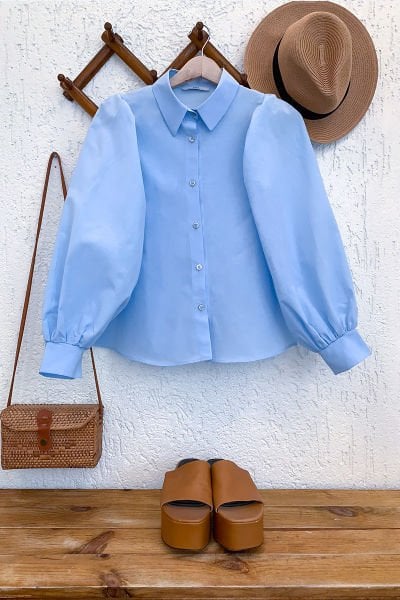 Bebe Mavisi Klasik Yaka Crop Gömlek