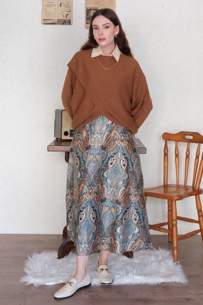 Camel Triko Kimono Crop & İndigo Etnik Desen Pamuk Saten Kloş Etek 40/42  - 2 Beden