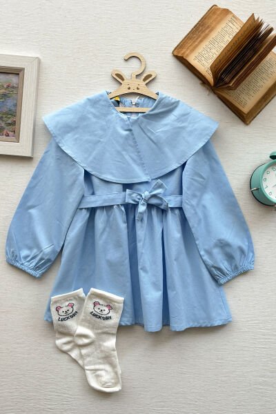 Çocuk Bebe Mavisi Geniş Yakalı Marul Kol Elbise