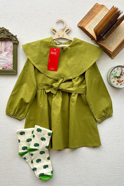 Çocuk Fıstık Yeşili Geniş Yakalı Marul Kol Elbise