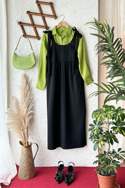 Siyah Kolu Bağlamalı Jile & Fıstık Yeşili Fitilli Gömlek Takım