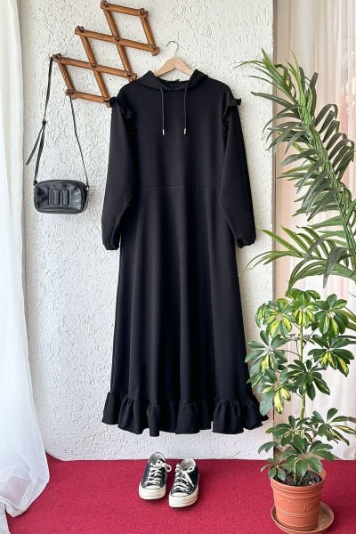 Siyah 2 İplik Kapüşonlu Elbise