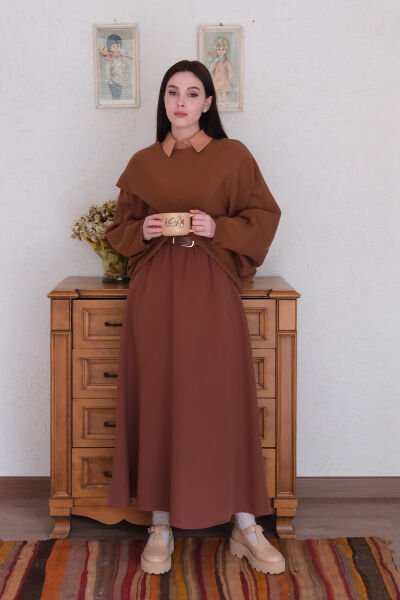 Camel Kimono Triko Crop & Acı Kahve Krep Kloş Etek Takım