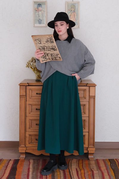 Gri Kimono Triko Crop & Zümrüt Tek Düğmeli Etek Takım