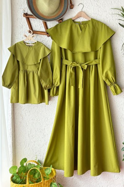 Anne - Çocuk Fıstık Yeşili Geniş Yaka Elbise Kombin