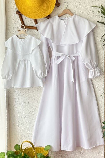 Anne - Çocuk Beyaz Geniş Yaka Elbise Kombin