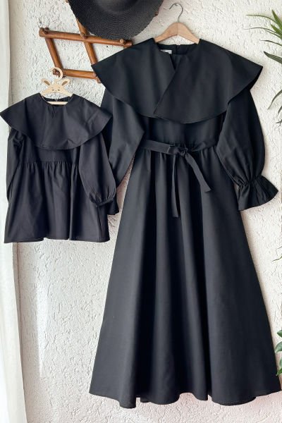 Anne - Çocuk Siyah Geniş Yaka Elbise Kombin