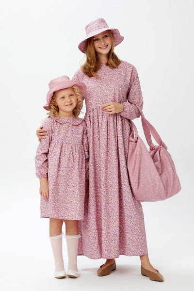 Pembe Küçük Çiçek Robalı Anne-Çocuk Elbise Kombin