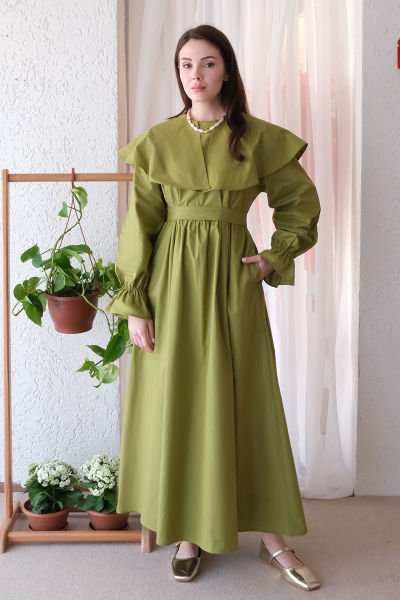 Fıstık Yeşili Geniş Yaka Elbise