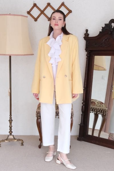 Soft Sarı Krep Blazer Ceket & Beyaz Krep Boru Paça Pantolon Takım