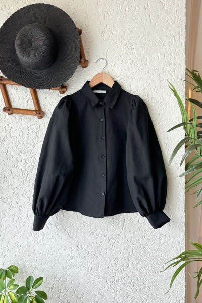 Siyah Klasik Yaka Crop Gömlek