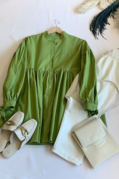 Fıstık Yeşili Düğmeli Bağlamalı Robalı Tunik & Beyaz Krep Boru Paça Pantolon Takım