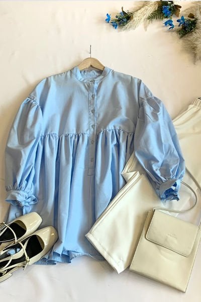 Bebe Mavisi Düğmeli Bağlamalı Robalı Tunik &  Beyaz Krep Boru Paça Pantolon