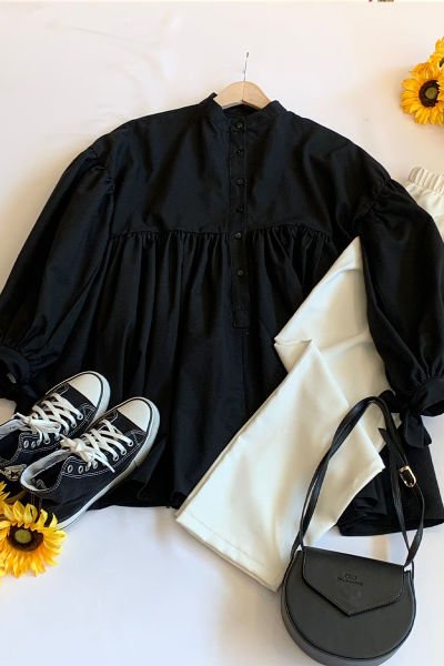 Siyah Düğmeli Bağlamalı Robalı Tunik & Beyaz Krep Boru Paça Pantolon Takım