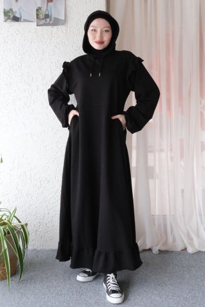 Siyah 2 İplik Kapüşonlu Elbise