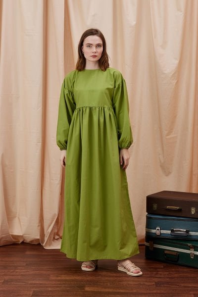 Fıstık Yeşili Pamuklu Bel Roba Elbise