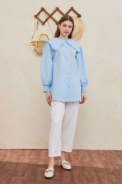 Bebe Mavisi Fırfır Yaka Gömlek & Beyaz Krep Boru Paça Pantolon Takım