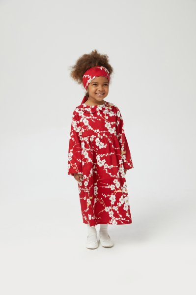 Çocuk Kırmızı Japon Çiçeği Bebe Yaka Elbise