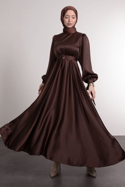 Princess Flared Cut Cuff Detailed Hijab Evening Dress Brown