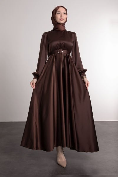 Princess Flared Cut Cuff Detailed Hijab Evening Dress Brown