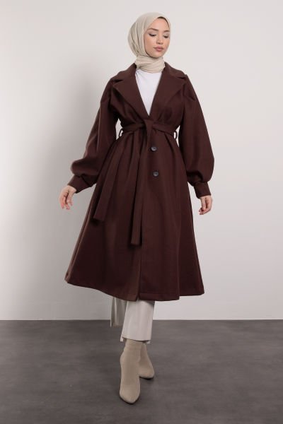 Klasik Ceket Yaka Uzun Tesettür Kaban Kahverengi