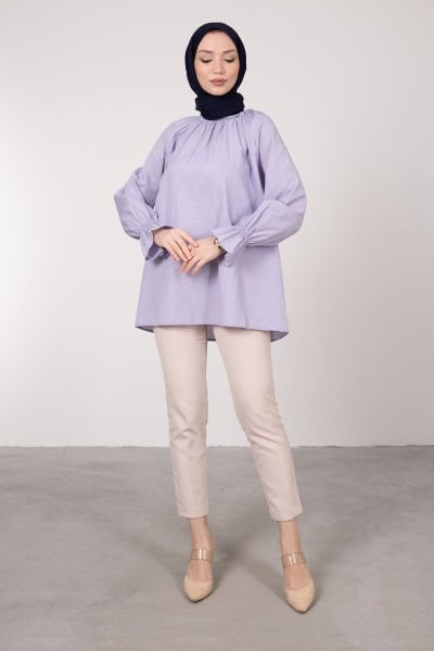 Oversize Kesim Manşet Detaylı Tesettür Tunik Lila