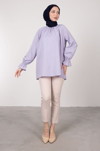 Oversize Kesim Manşet Detaylı Tesettür Tunik Lila