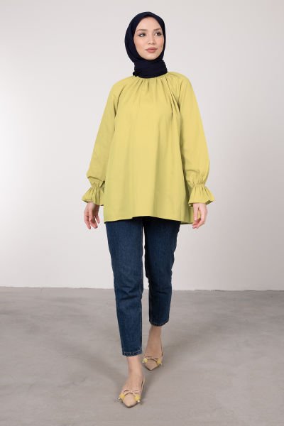 Oversize Kesim Manşet Detaylı Tesettür Tunik Neon Yeşili