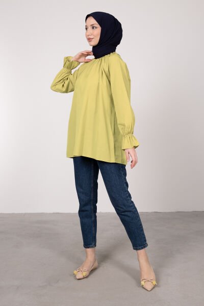 Oversize Kesim Manşet Detaylı Tesettür Tunik Neon Yeşili