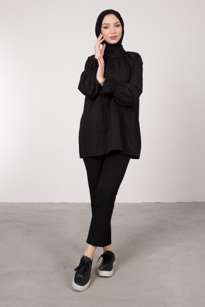 Oversize Cut Cuff Detailed Hijab Tunic Black