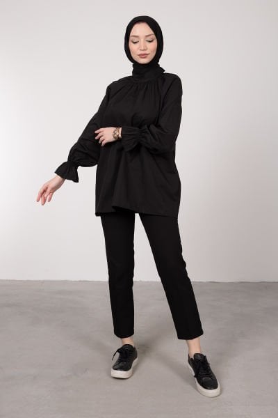 Oversize Cut Cuff Detailed Hijab Tunic Black