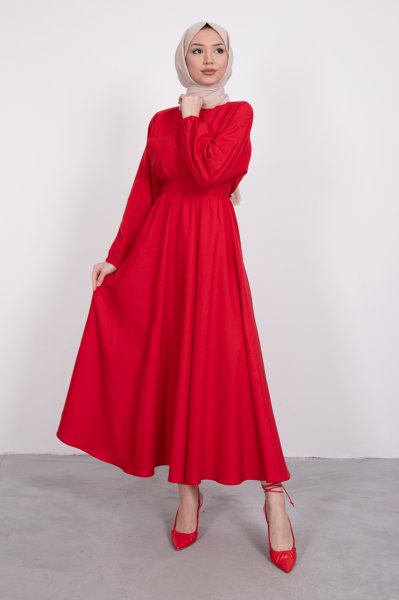 Kuşaklı Kloş Elbise Kırmızı